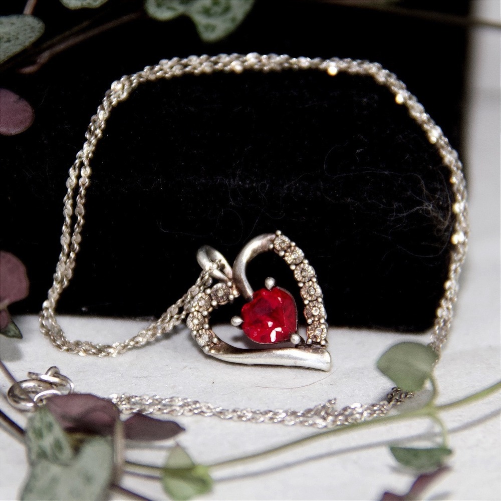 Sterling Silver Red Heart Pendant Necklace Ruby Garnet Accent Rope Chain 18 In